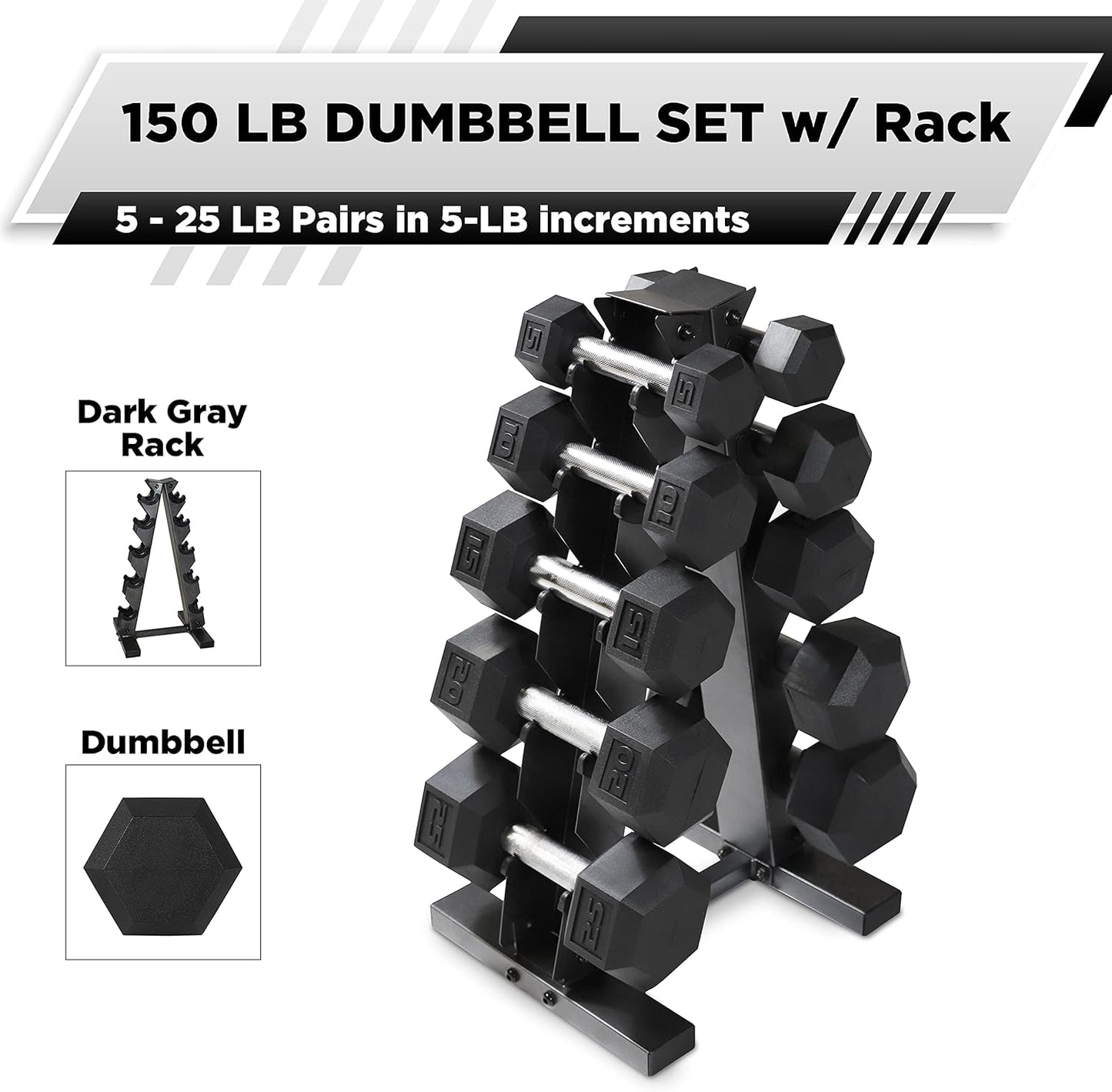 5-25Lb Rubber Coated Hex Dumbbell Set with a Frame Storage Rack Non-Slip Hex Shape for Muscle Toning, Strength Building & Weight Loss - Multiple Choices Available