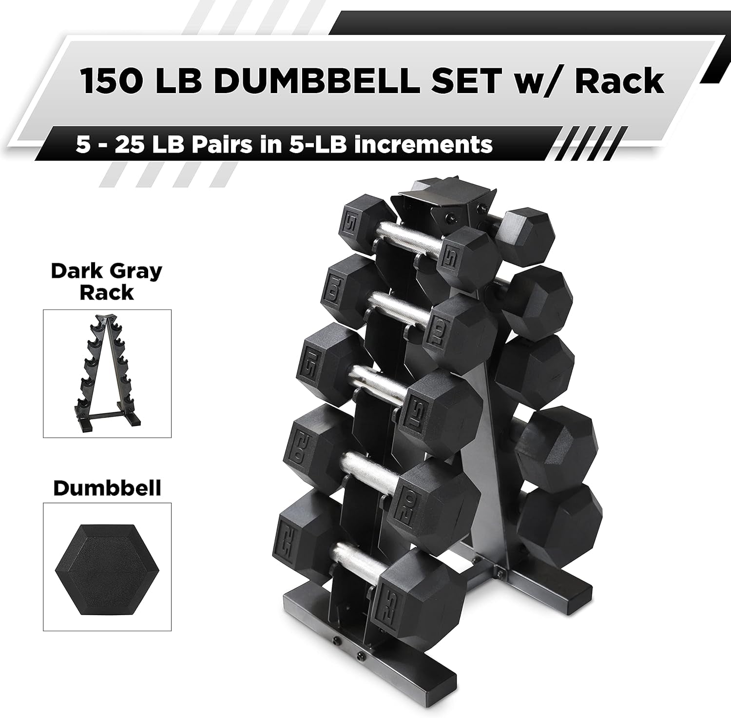 5-25Lb Rubber Coated Hex Dumbbell Set with a Frame Storage Rack Non-Slip Hex Shape for Muscle Toning, Strength Building & Weight Loss - Multiple Choices Available
