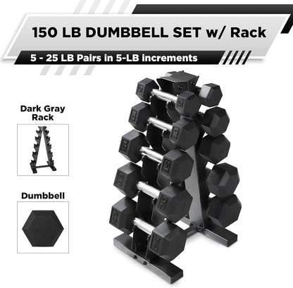 5-25Lb Rubber Coated Hex Dumbbell Set with a Frame Storage Rack Non-Slip Hex Shape for Muscle Toning, Strength Building & Weight Loss - Multiple Choices Available