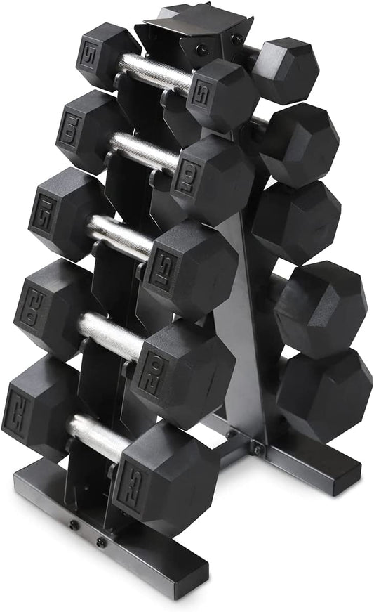 5-25Lb Rubber Coated Hex Dumbbell Set with a Frame Storage Rack Non-Slip Hex Shape for Muscle Toning, Strength Building & Weight Loss - Multiple Choices Available