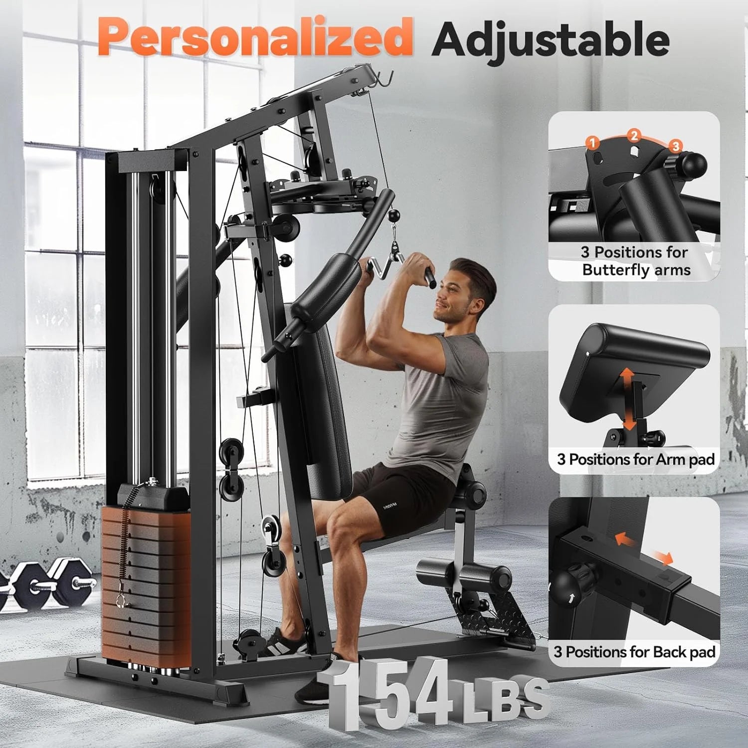 Home Gym, All-In-One Fitness Equipment, 154LBS Weight Stack, Full Body Workout Station with Pulley System