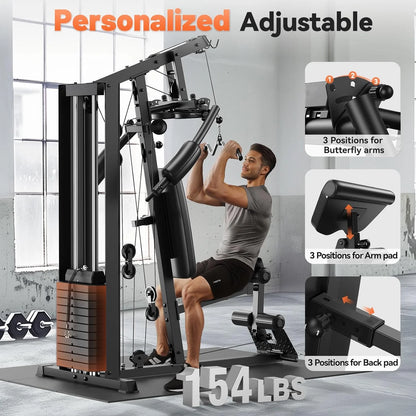 Home Gym, All-In-One Fitness Equipment, 154LBS Weight Stack, Full Body Workout Station with Pulley System