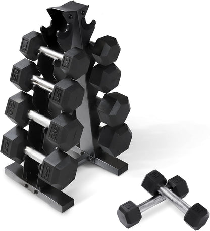 5-25Lb Rubber Coated Hex Dumbbell Set with a Frame Storage Rack Non-Slip Hex Shape for Muscle Toning, Strength Building & Weight Loss - Multiple Choices Available